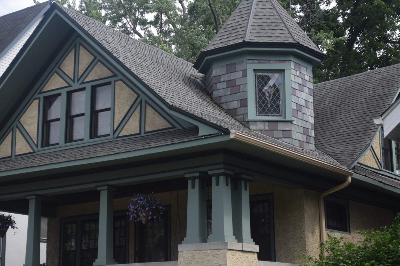 Slate blue Tudor-style home